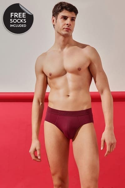 John Players Brief in Maroon with Cotton Pouch - Free Socks Included