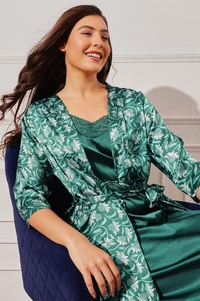Solid Long Nighty &amp; Floral Print Robe Set in Emerald Green - Satin