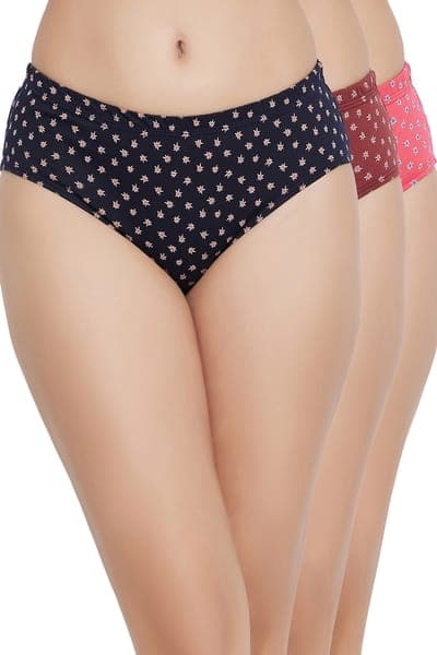 Pack of 3 Mid Waist Printed Hipster Panties with Inner Elastic - 100% Cotton