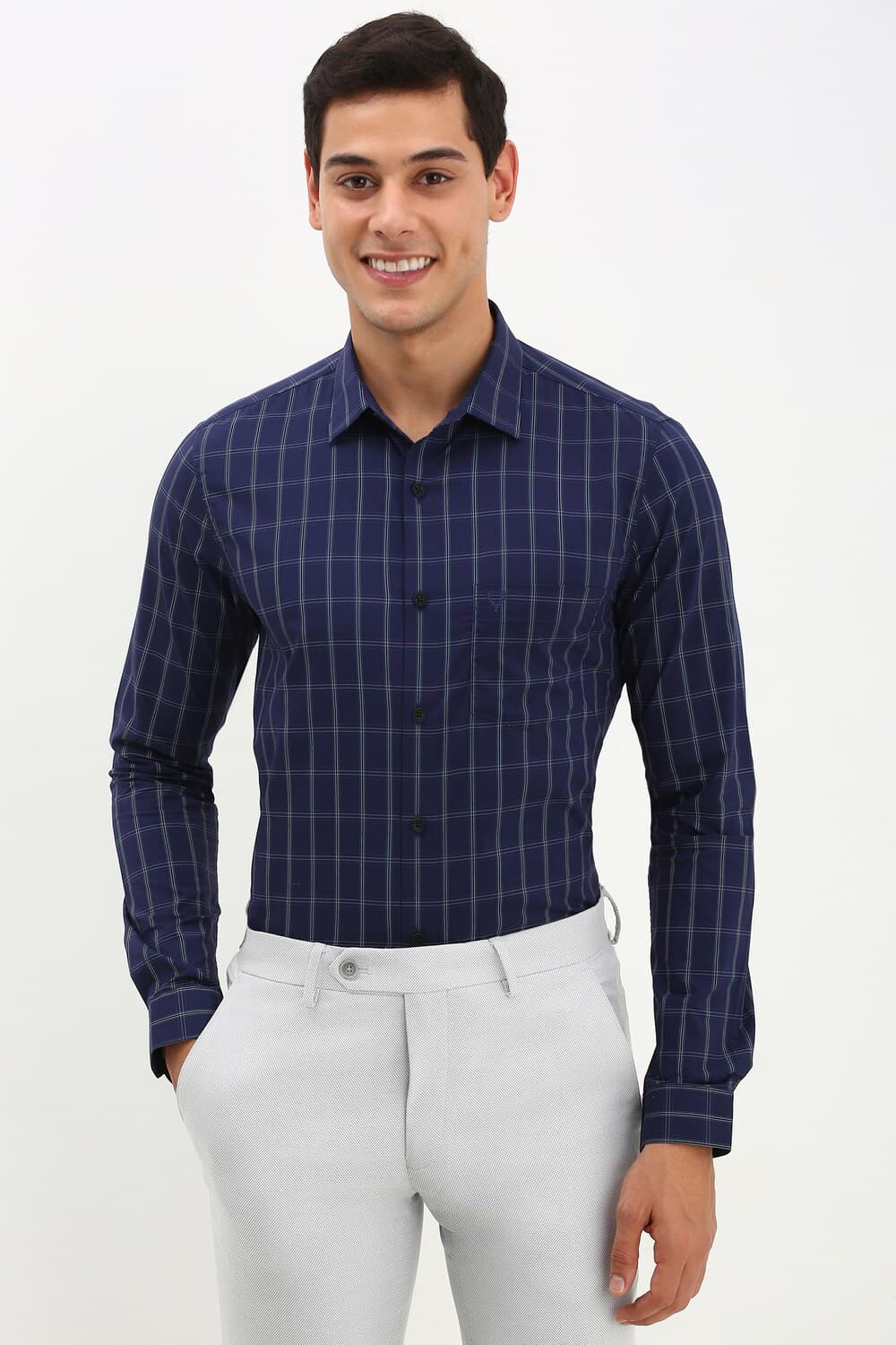 Men Navy Regular Fit Checked Full Sleeves Formal Shirt