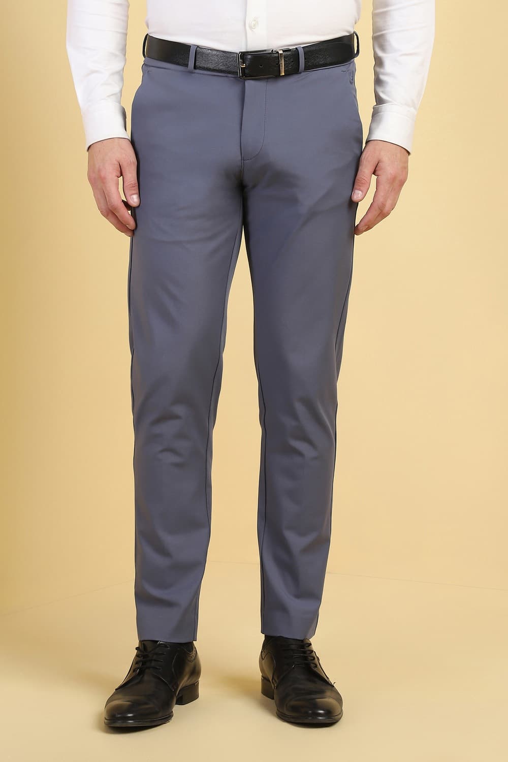 Men Grey Contemporary Fit Solid Formal Trousers