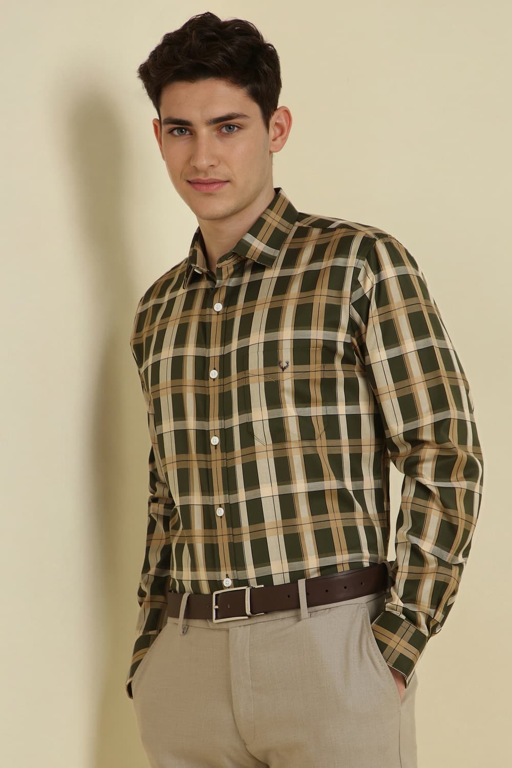 Men Olive Regular Fit Checked Full Sleeves Formal Shirt