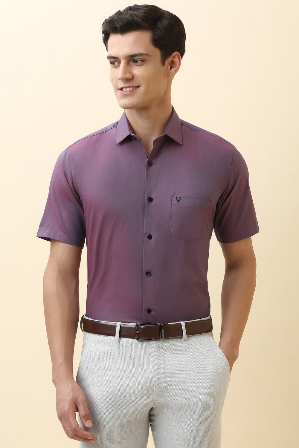 Men Purple Textured Half Sleeves Formal Shirt