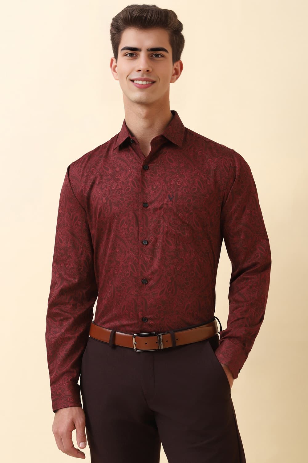 Men Maroon Print Full Sleeves Formal Shirt