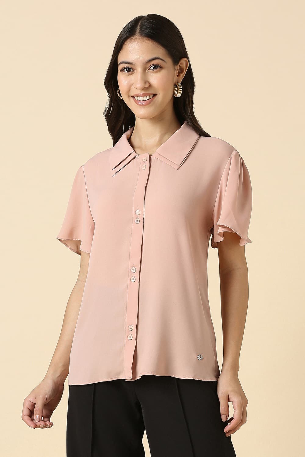 Women Peach Solid Short Sleeves Shirt