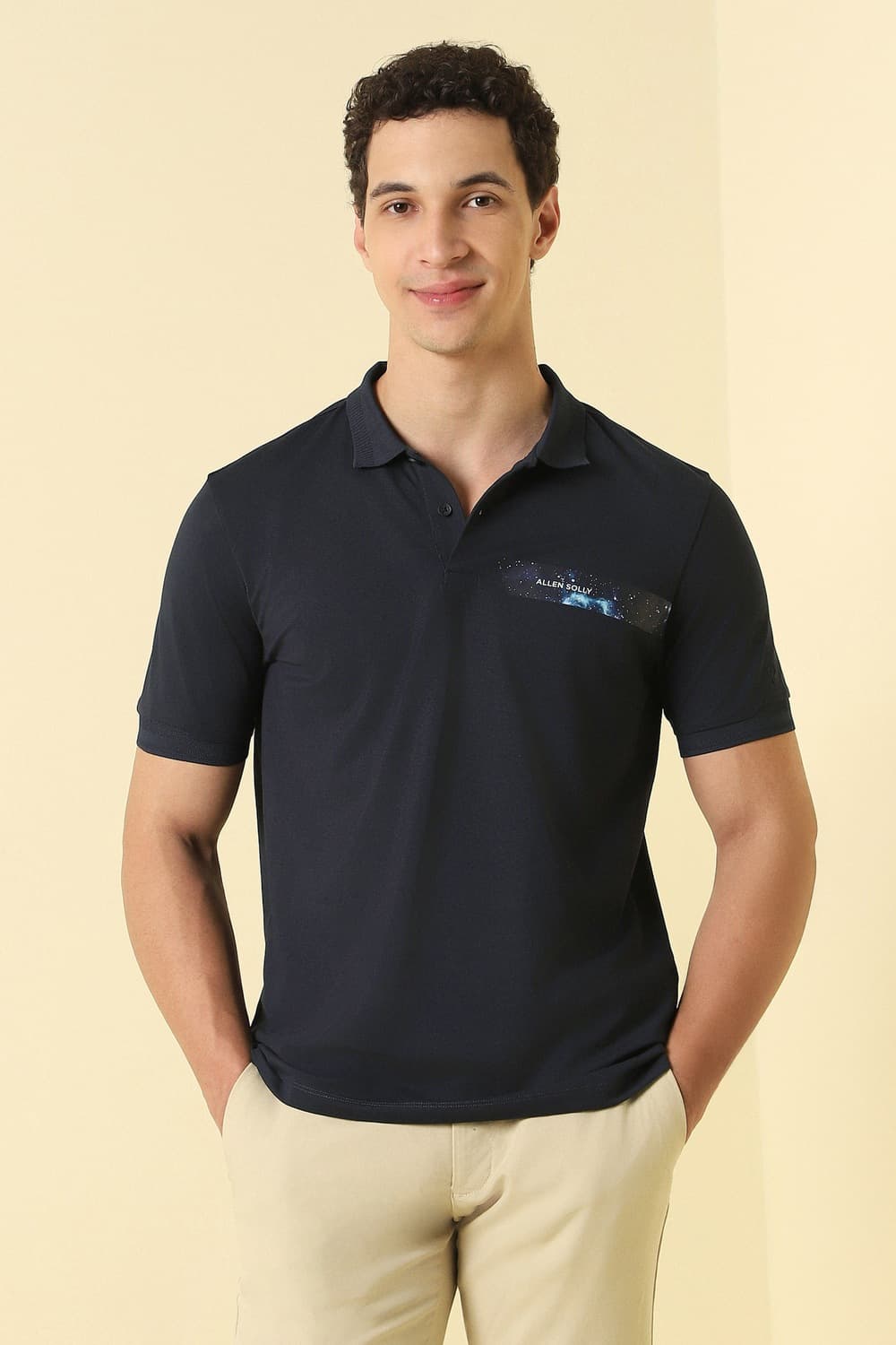 Men Navy Graphic Print Polo Neck T-shirt