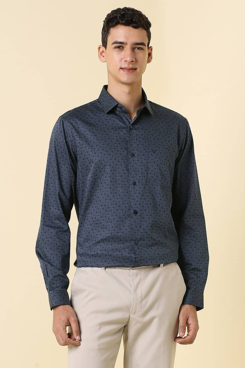 Men Navy Print Full Sleeves Formal Shirt