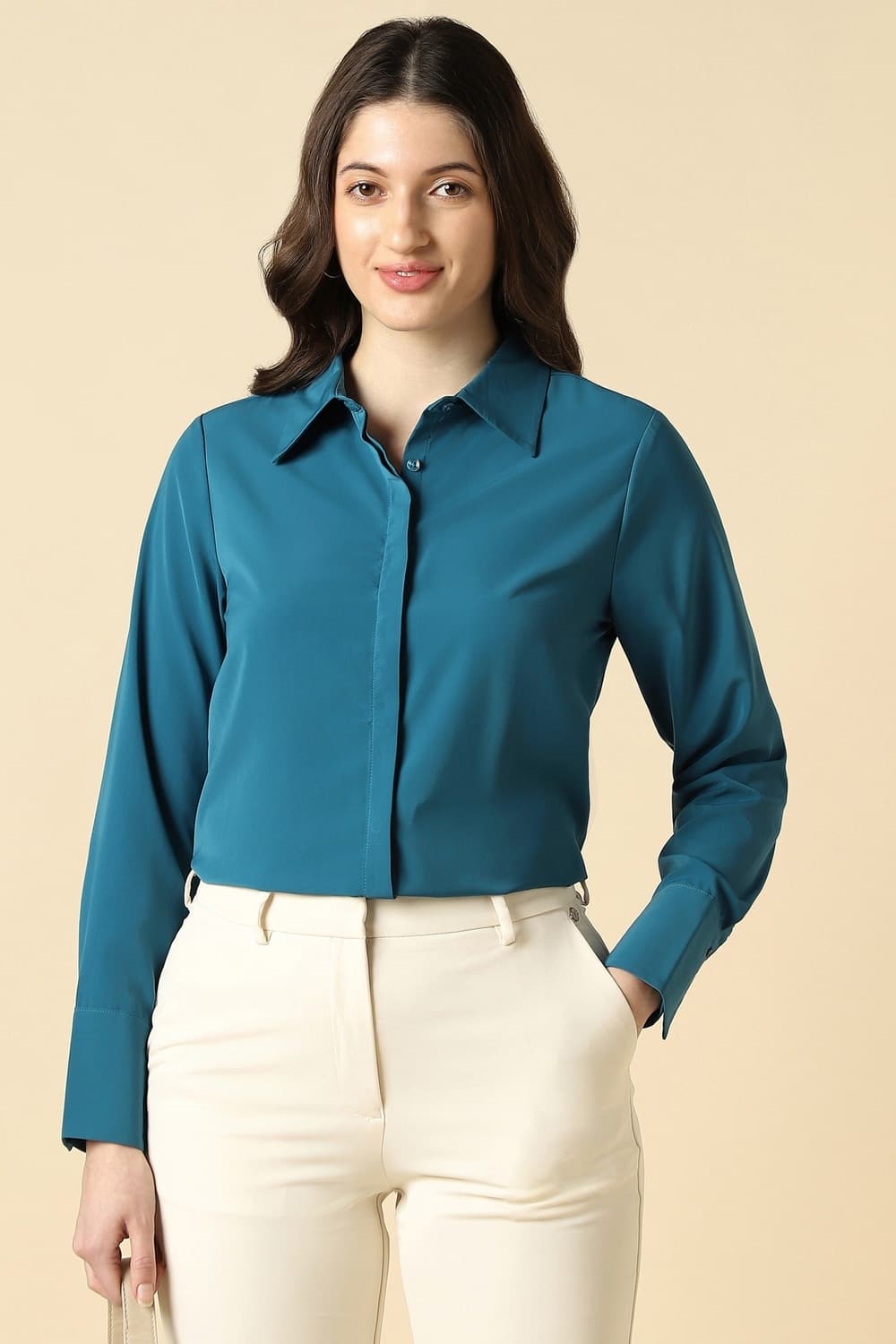Women Blue Solid Long Sleeves Shirt