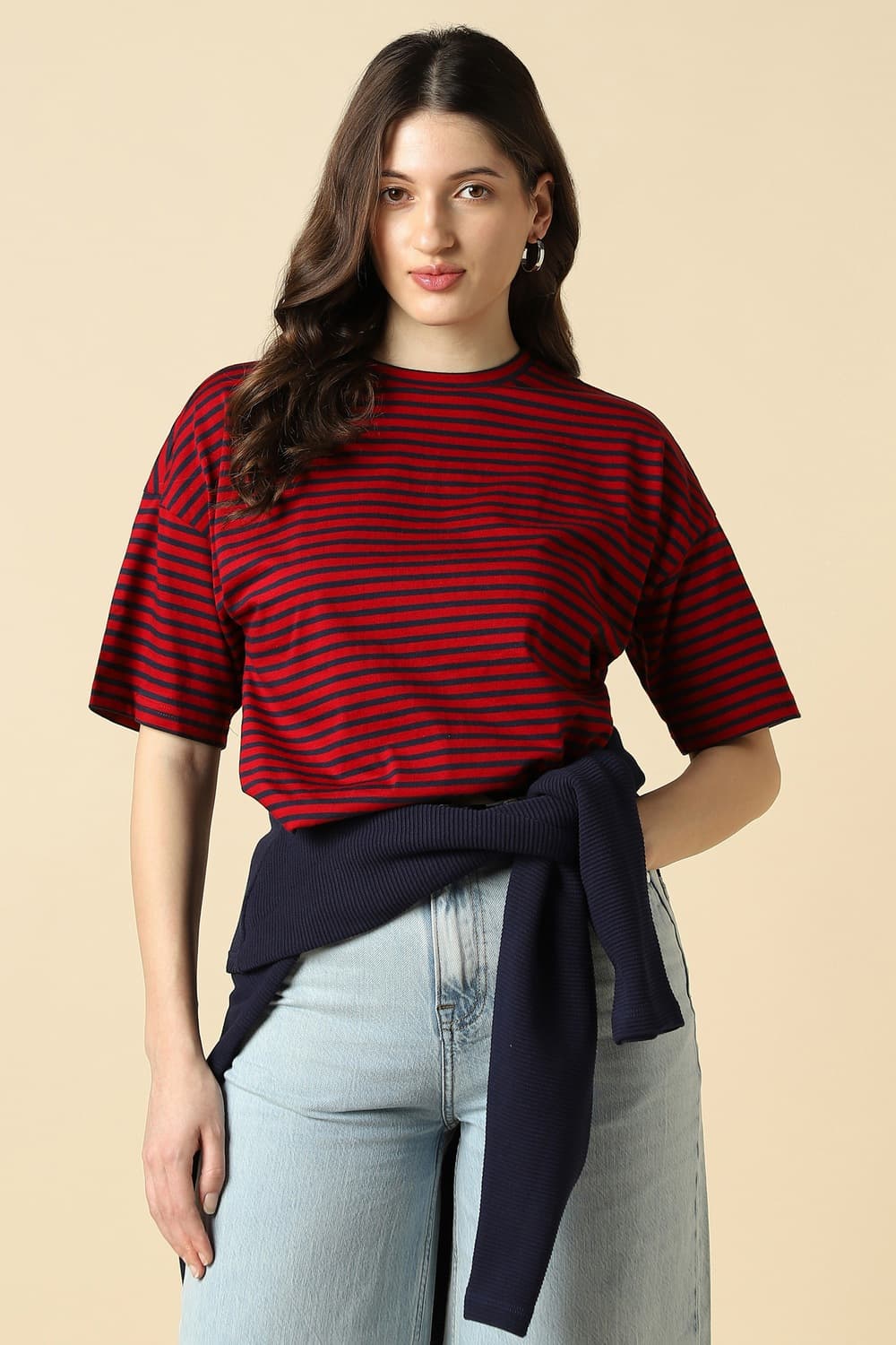 Women Red Stripe Casual T-shirt