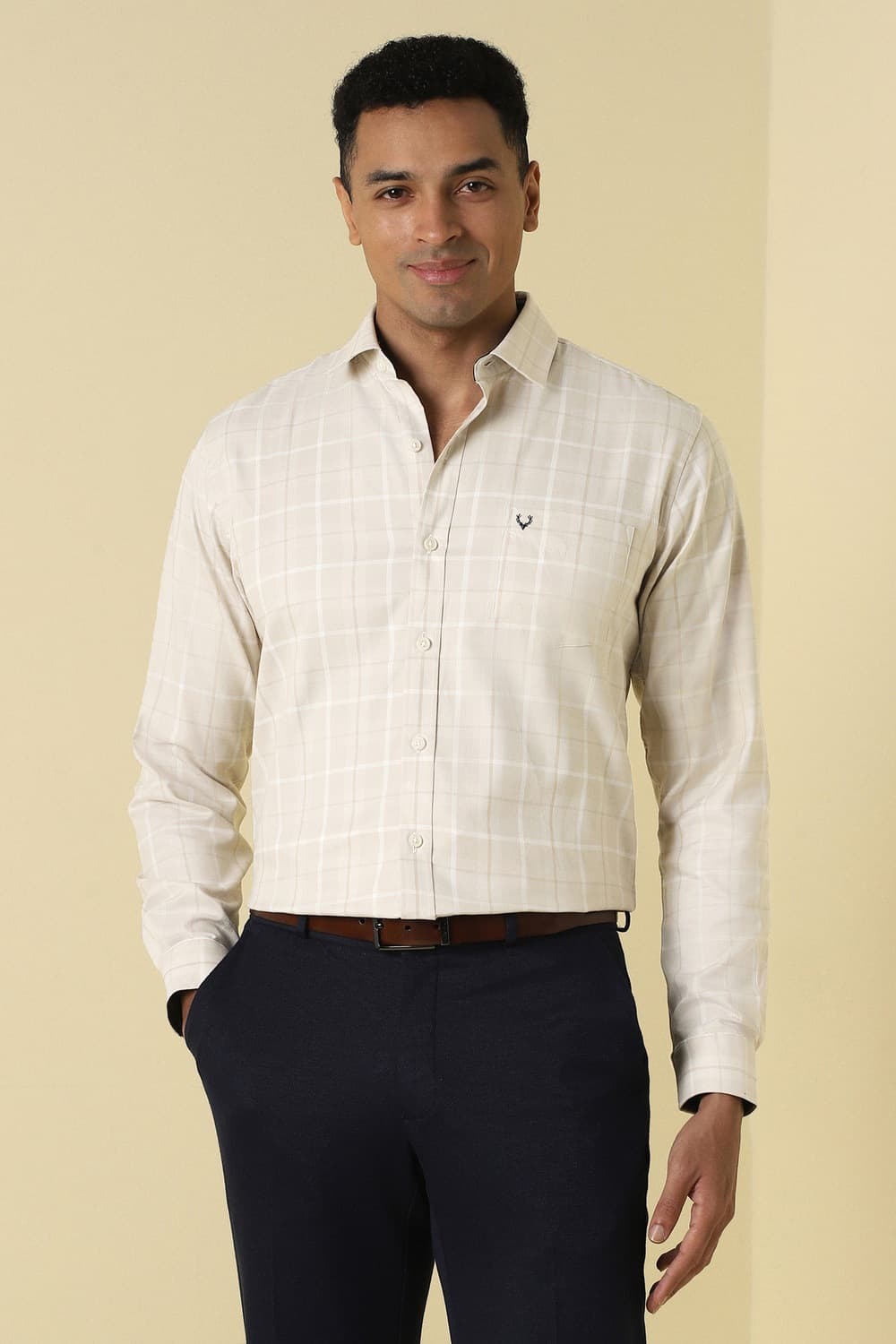 Men Beige Check Full Sleeves Formal Shirt