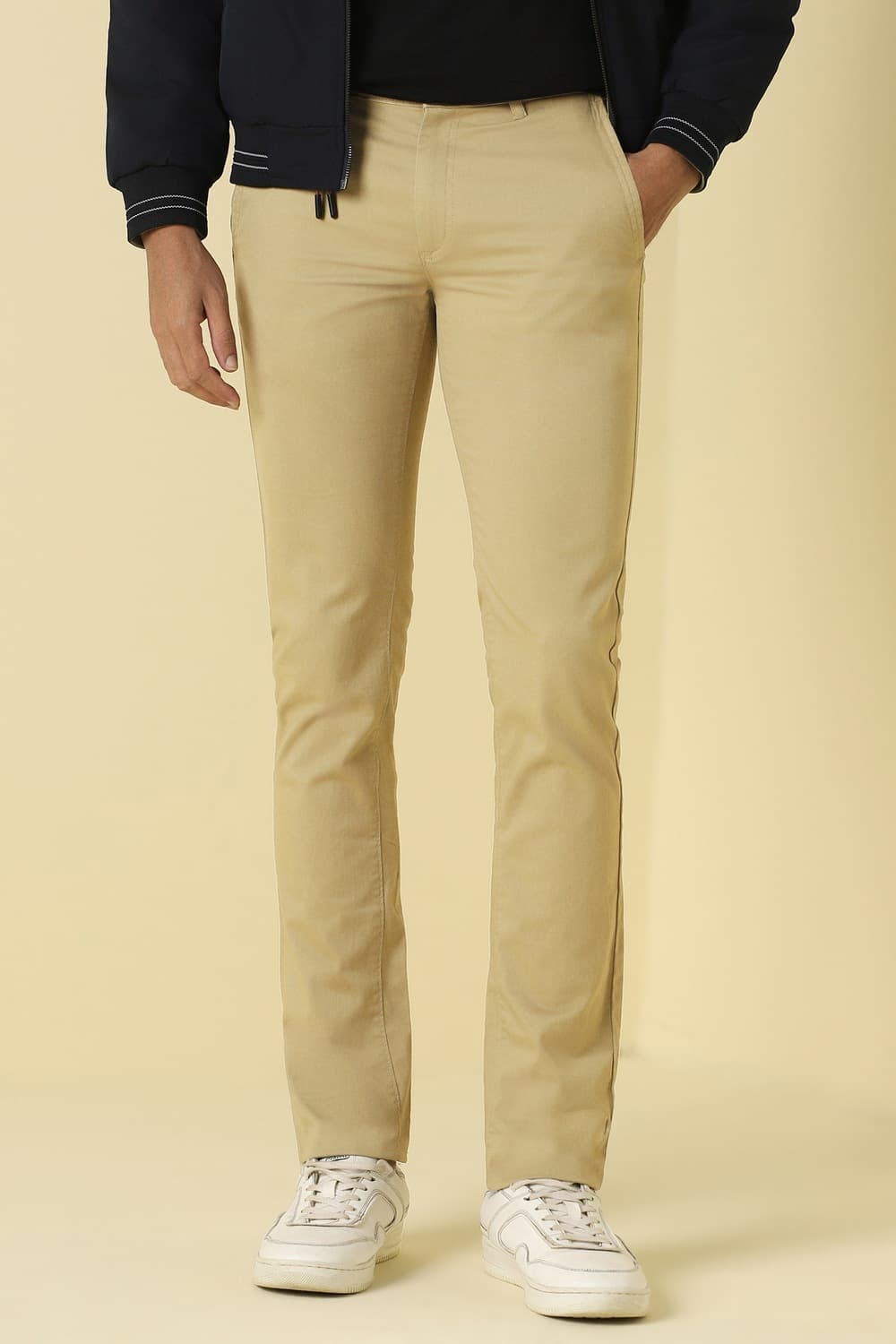Men Beige Solid Casual Trousers