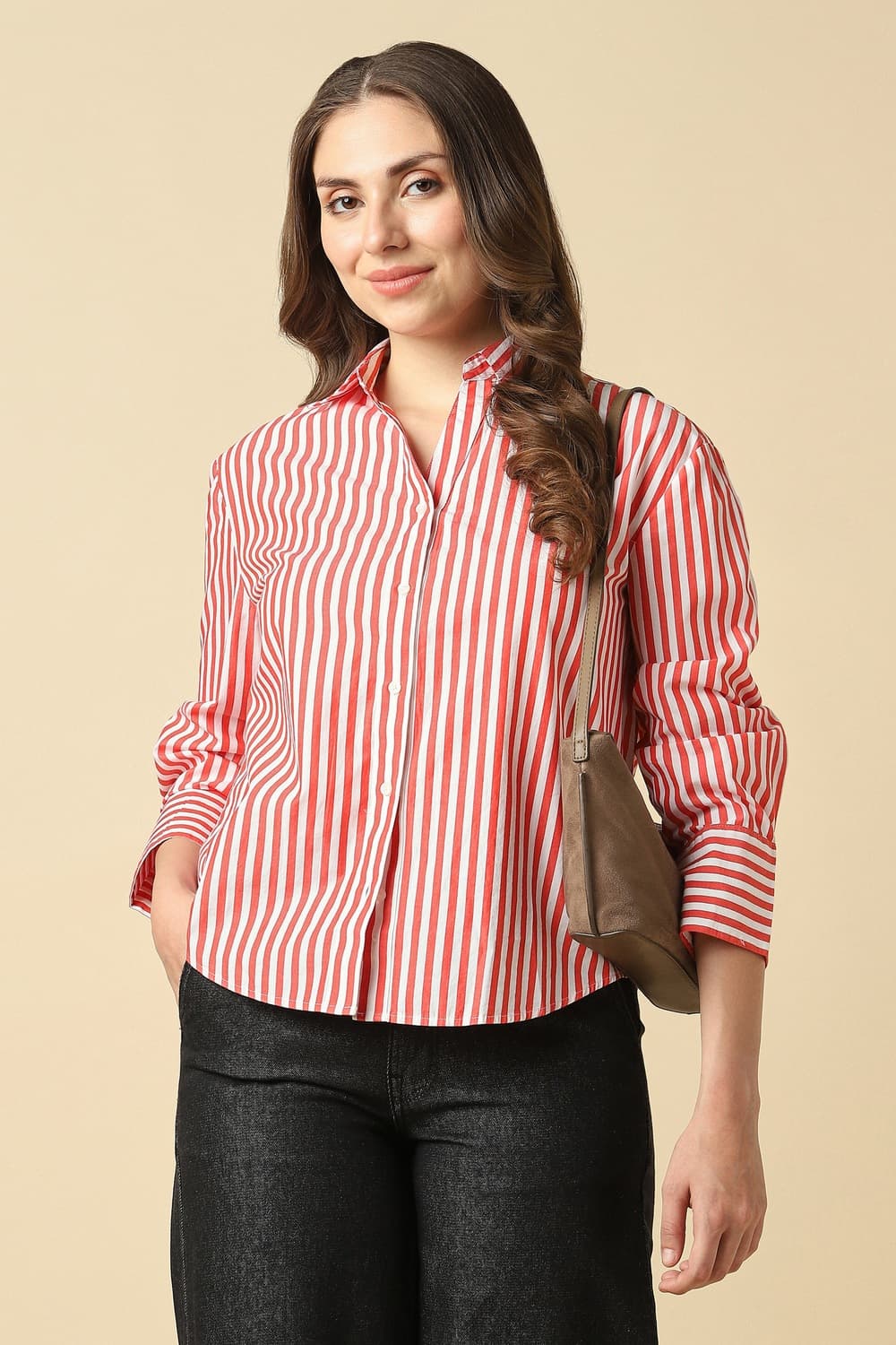 Women Red Stripe Long Sleeves Shirt