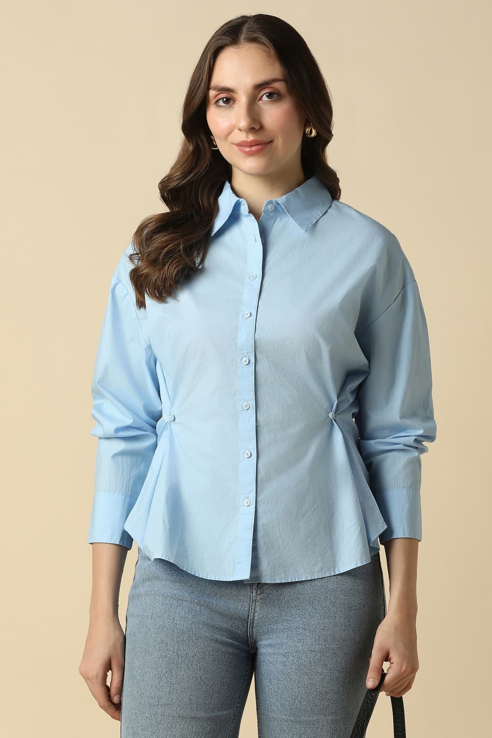 Women Light Blue Solid Long Sleeves Shirt