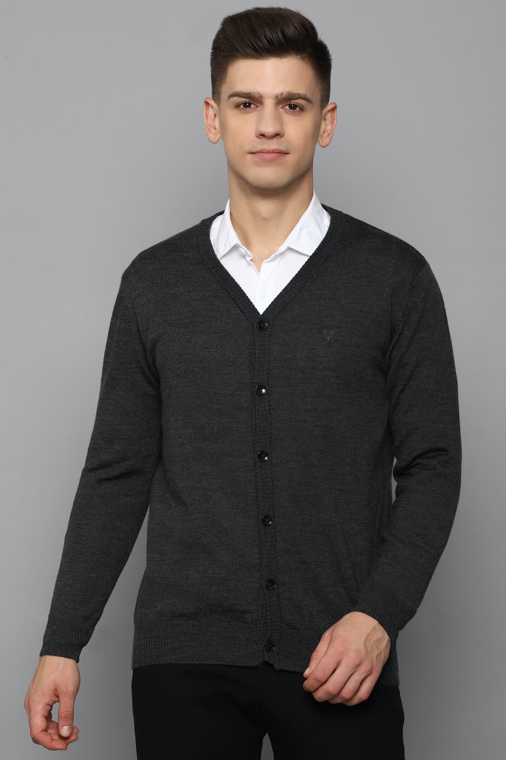 Men Grey Textured V Neck Full Sleeves Sweater