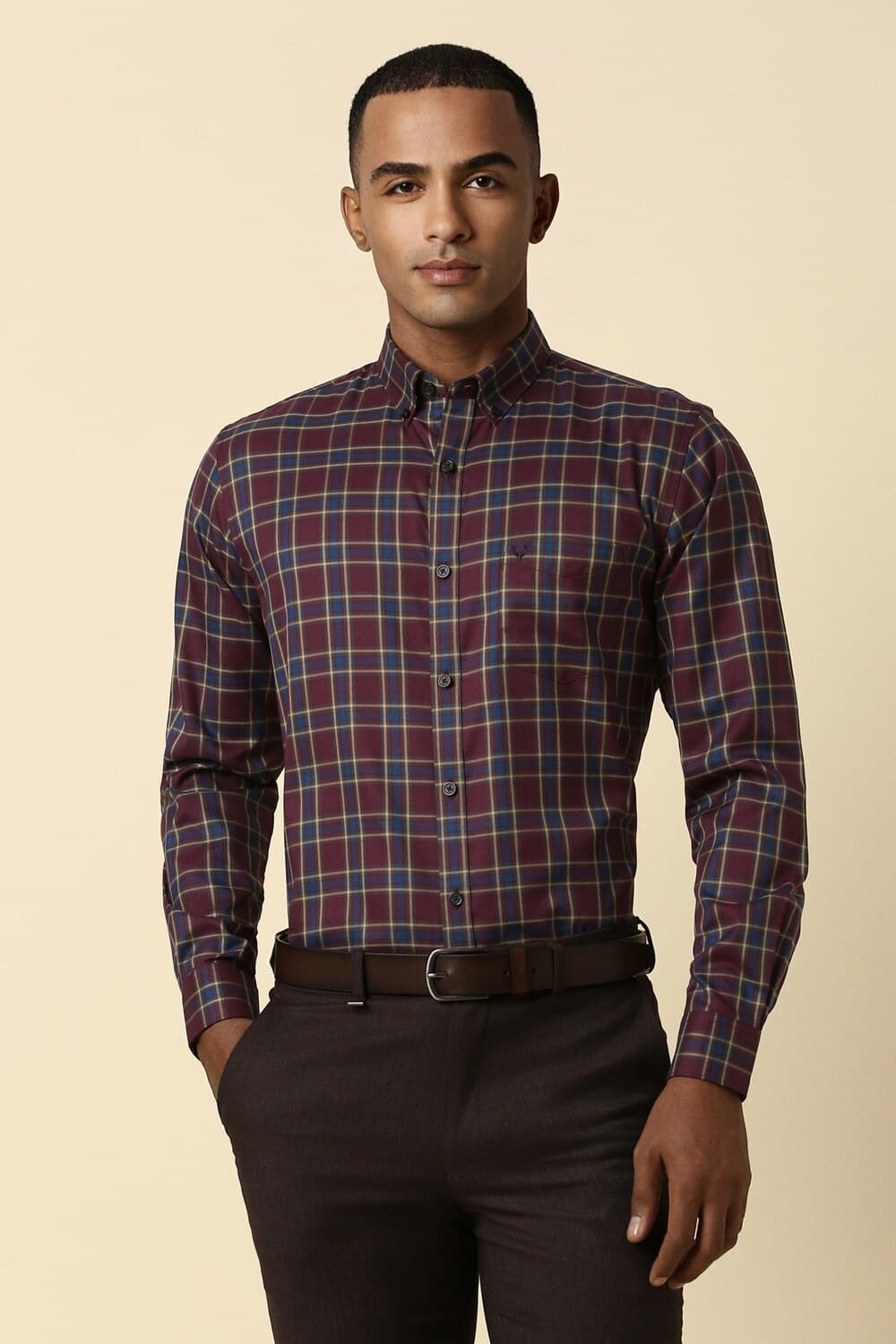 Men Maroon Regular Fit Checked Full Sleeves Formal Shirt