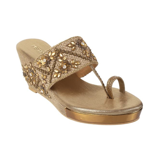 Women Antique-Gold Ethnic Slip Ons