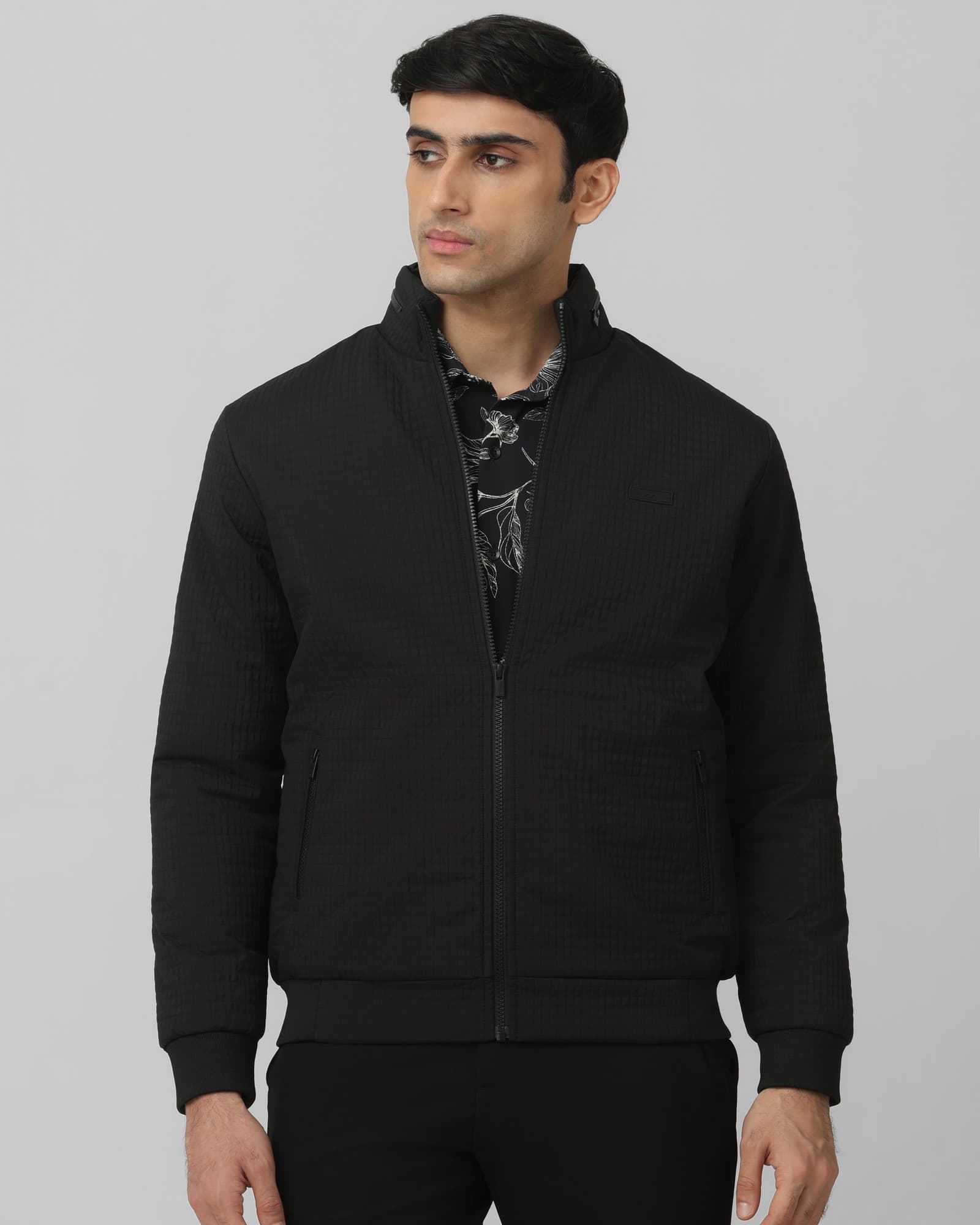 Black Textured Puffer Slim Fit Jacket