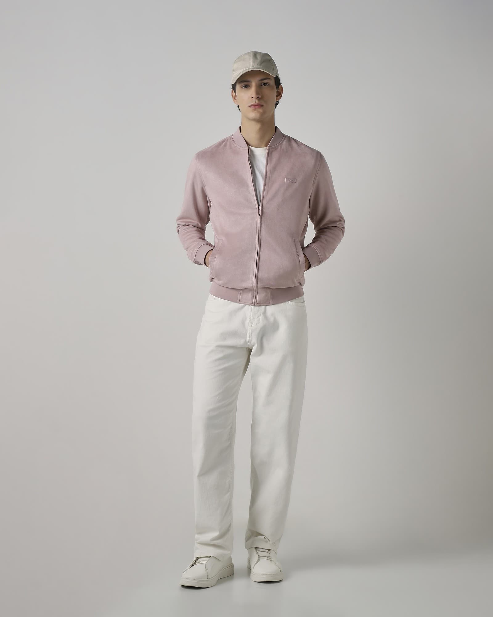 Pink Suede Bomber Slim Fit Jacket