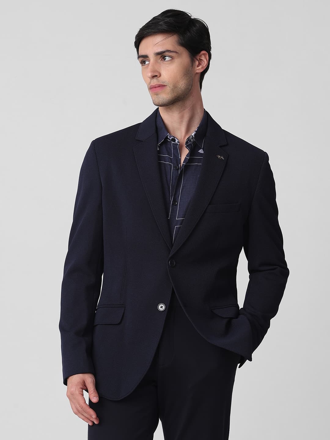Navy Textured Plain Slim Fit Blazer