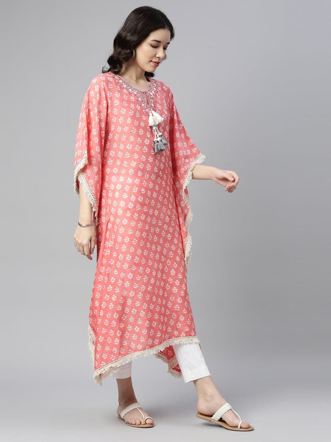 Neerus Coral Color Muslin Fabric Kurta