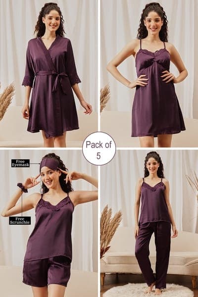 5 Pcs Bridal Nightwear Set in Wine Colour - Satin 5 Pcs Bridal Nightwear Set in Wine Colour - Satin