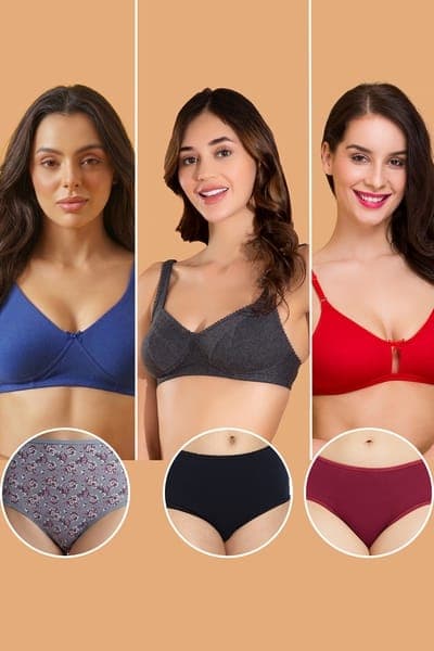Pack of 6 Non-Padded Non-Wired Bras & Hipster Panties - Cotton Pack of 6 Non-Padded Non-Wired Bras & Hipster Panties - Cotton