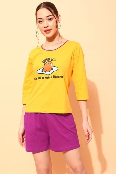 Graphic & Text Print Top in Yellow & Chic Basic Shorts in Purple - 100% Cotton Graphic & Text Print Top in Yellow & Chic Basic Shorts in Purple - 100% Cotton