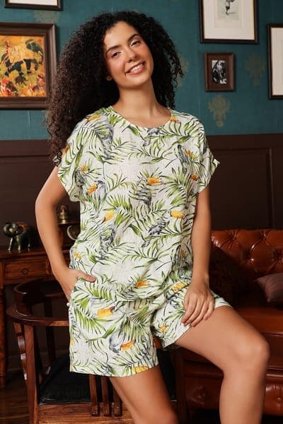Printed Top & Shorts Set in Light Green - Rayon Printed Top & Shorts Set in Light Green - Rayon
