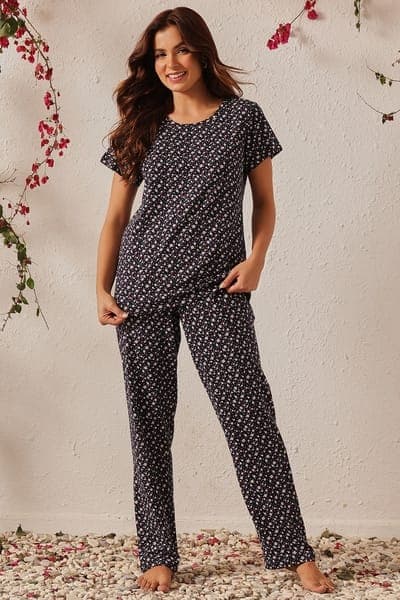 Floral Print T-shirt & Pyjama Set in Dark Blue - 100% Cotton Floral Print T-shirt & Pyjama Set in Dark Blue - 100% Cotton
