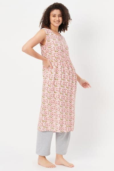 Maternity Leaf Print Tunic Top in White & Chic Basic Pyjama in Grey - Cotton Maternity Leaf Print Tunic Top in White & Chic Basic Pyjama in Grey - Cotton