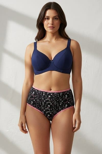 Non-Padded Non-Wired Full Coverage Bra High Waist Printed Hipster Panty in Navy Colour- Cotton Non-Padded Non-Wired Full Coverage Bra High Waist Printed Hipster Panty in Navy Colour- Cotton