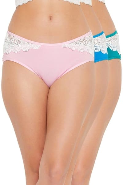 Pack of 3 Mid Waist Hipster Panties with Lace Overlays - Cotton Pack of 3 Mid Waist Hipster Panties with Lace Overlays - Cotton