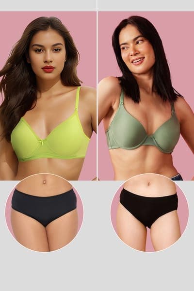 Pack of 4 Level 1 Push-up Padded Demi Cup T-shirt Bras & Mid Waist Hipster Panties Pack of 4 Level 1 Push-up Padded Demi Cup T-shirt Bras & Mid Waist Hipster Panties