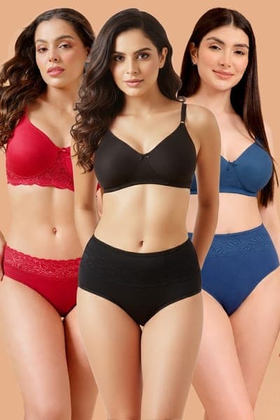 Pack of 6 Non-Padded Non-Wired Full Coverage Bras & Hipster Panties Pack of 6 Non-Padded Non-Wired Full Coverage Bras & Hipster Panties