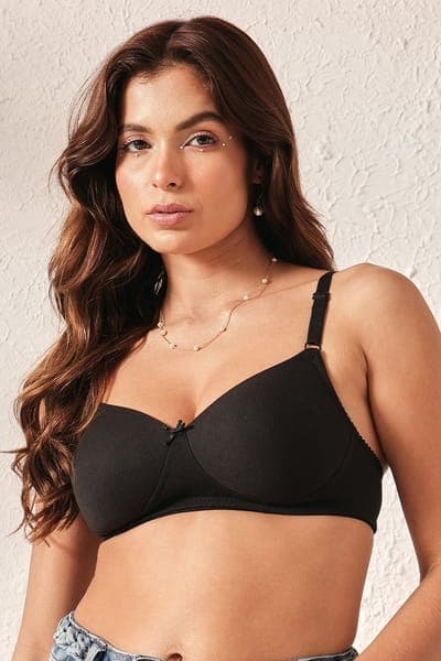 Padded Non-Wired Full Coverage T-Shirt Bra in Black - Cotton Padded Non-Wired Full Coverage T-Shirt Bra in Black - Cotton