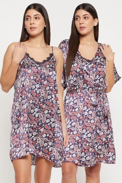 2 Pc Set in Navy - Paisley Print Short Nighty & Robe - Satin 2 Pc Set in Navy - Paisley Print Short Nighty & Robe - Satin