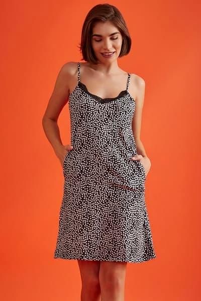 Printed Short Nighty in Black- Cotton Rich Printed Short Nighty in Black- Cotton Rich