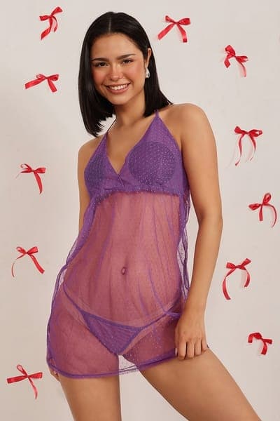 Buy Self-Patterned Sheer Halter-Neck Babydoll with Matching G-String in Purple - Mesh Online - Clovia Buy Self-Patterned Sheer Halter-Neck Babydoll with Matching G-String in Purple - Mesh Online - Clovia