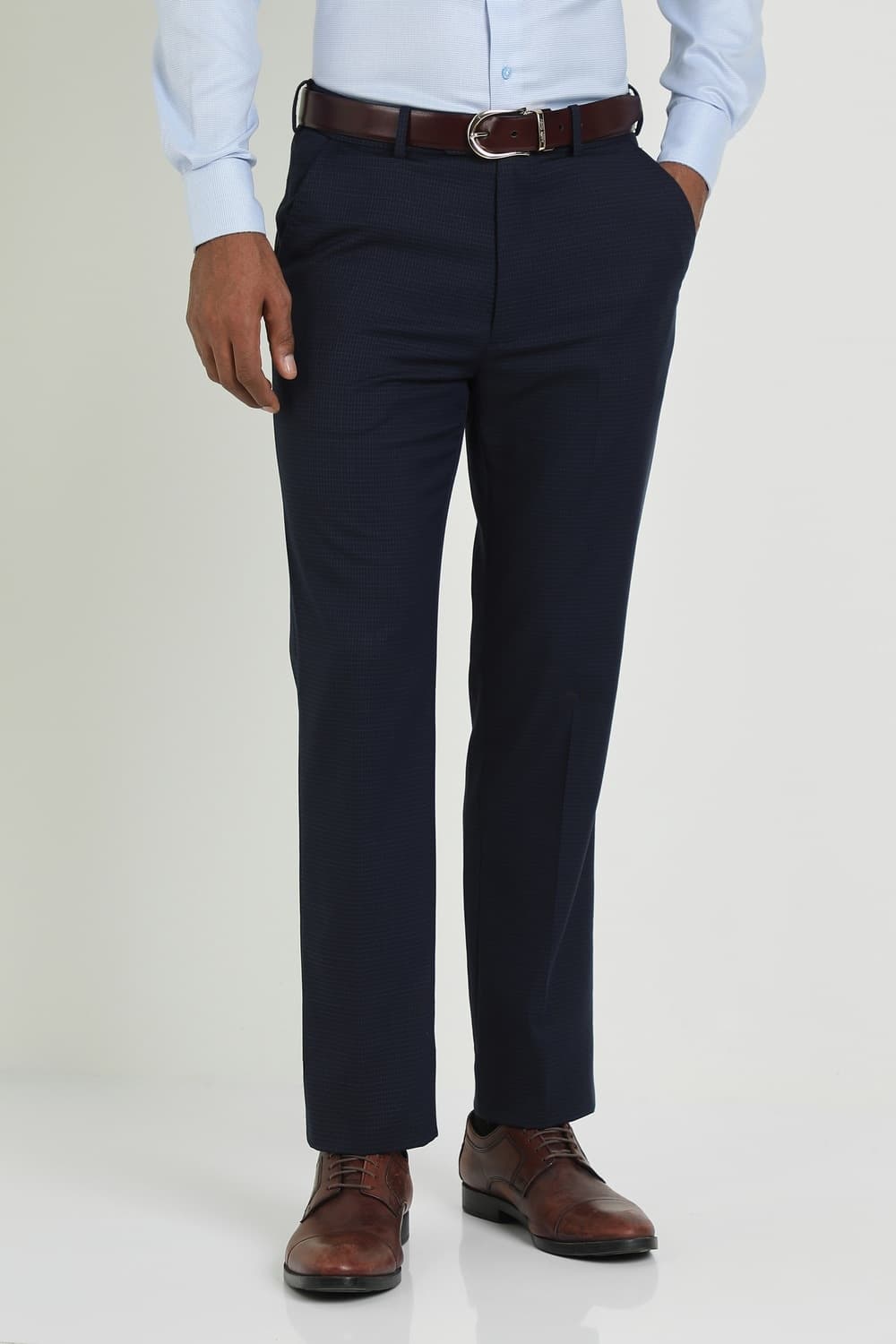 Men Navy Slim Fit Check Formal Trousers Men Navy Slim Fit Check Formal Trousers