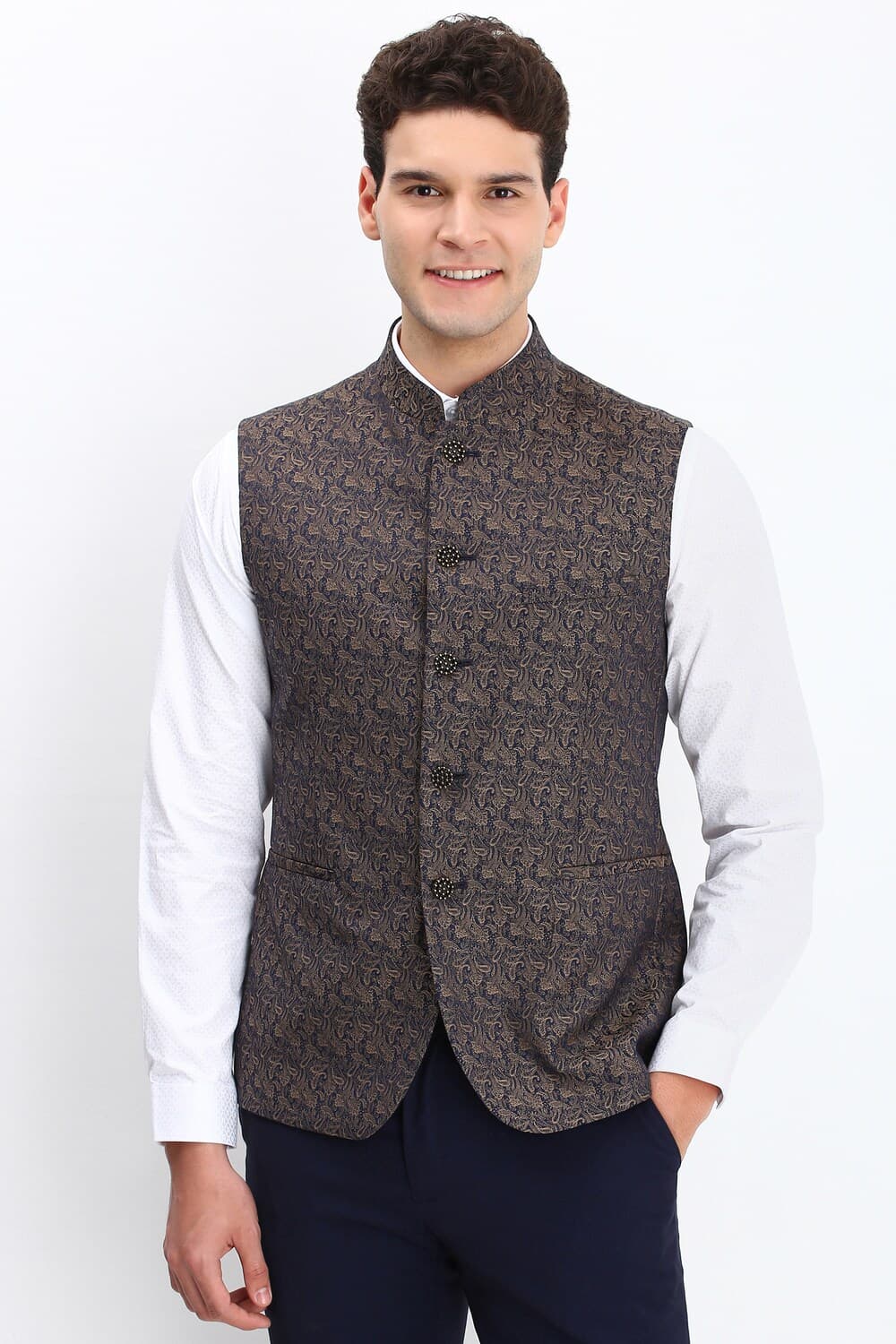 Men Printed Navy Party Nehru Jacket Men Printed Navy Party Nehru Jacket