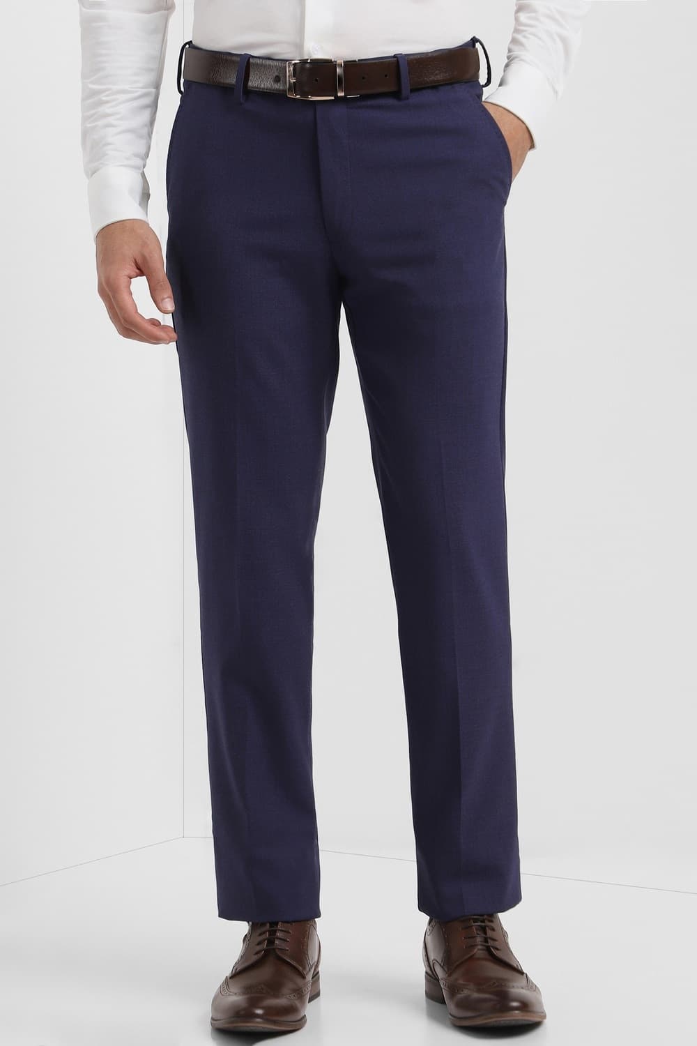 Men Navy Slim Fit Textured Formal Trousers Men Navy Slim Fit Textured Formal Trousers
