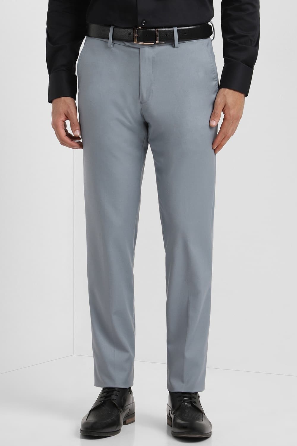 Men Grey Slim Fit Textured Formal Trousers Men Grey Slim Fit Textured Formal Trousers