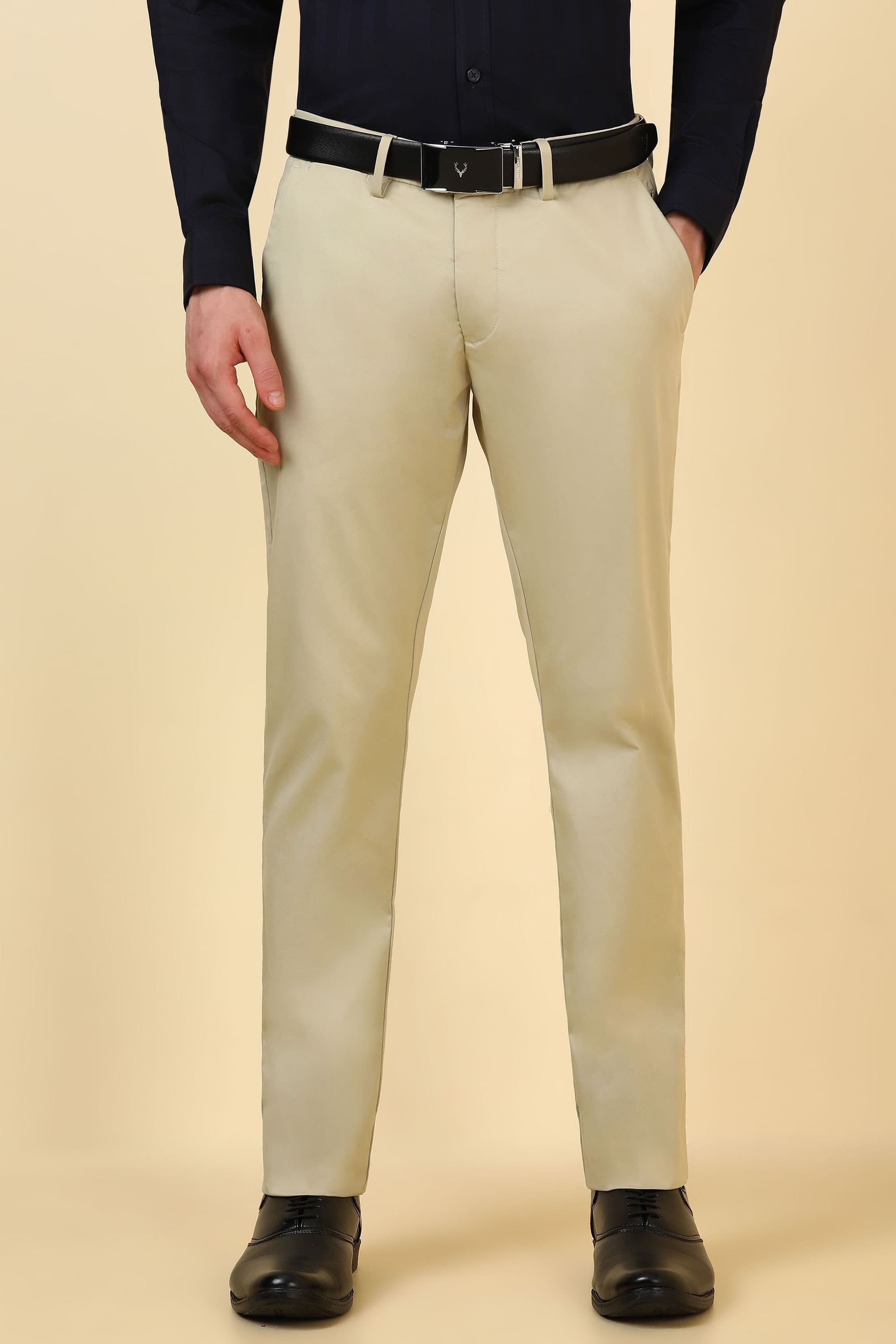 Men Beige Solid Formal Trousers Men Beige Solid Formal Trousers
