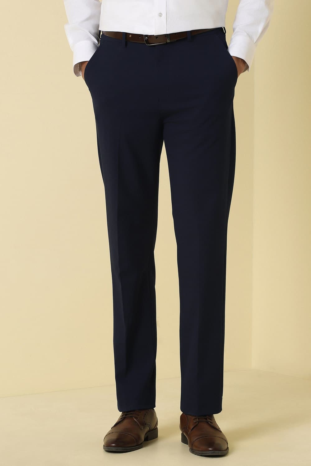 Men Navy Textured Formal Trousers Men Navy Textured Formal Trousers