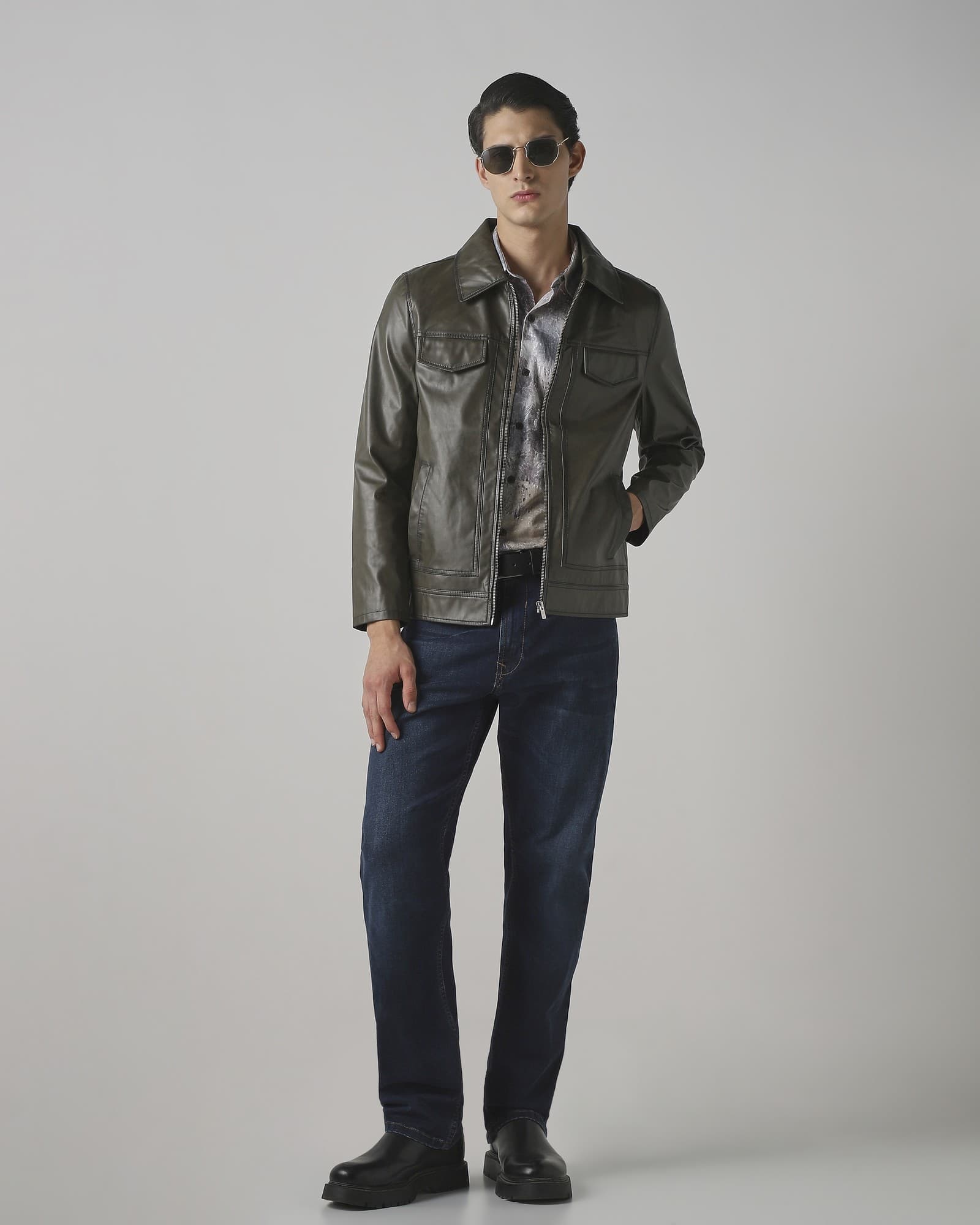 Olive Faux Leather Biker Slim Fit Jacket Olive Faux Leather Biker Slim Fit Jacket