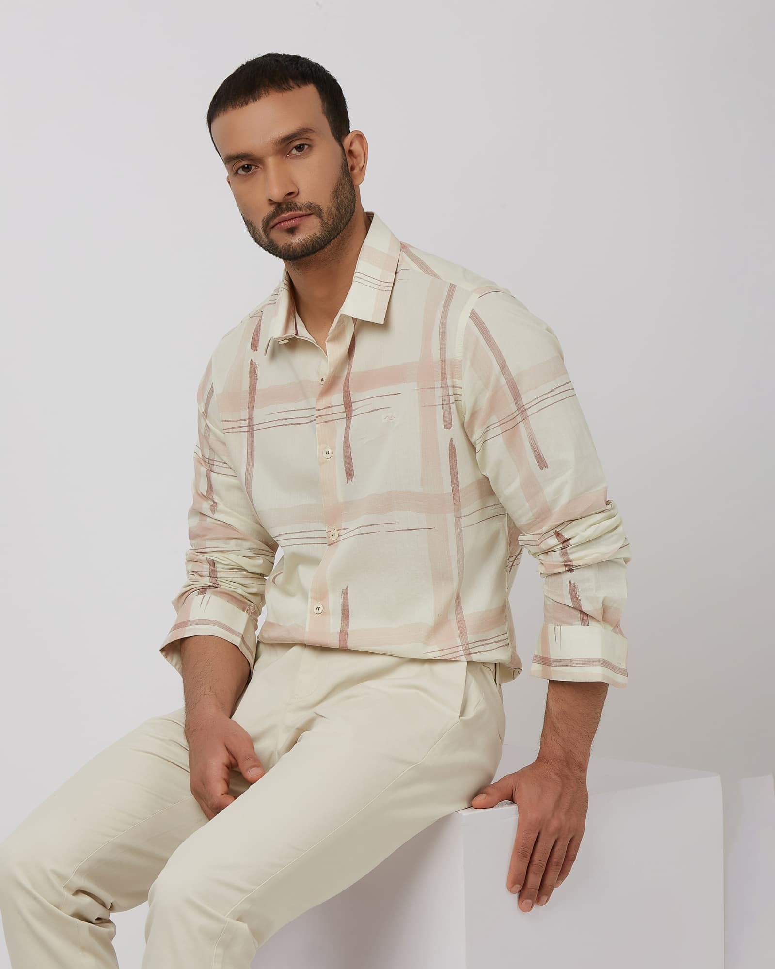 Off White Printed Check Slim Fit Casual Shirt Off White Printed Check Slim Fit Casual Shirt