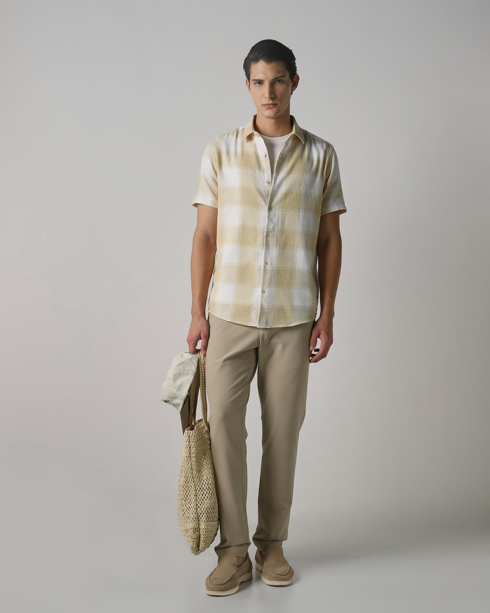 Beige Large Check Slim Fit Casual Shirt Beige Large Check Slim Fit Casual Shirt