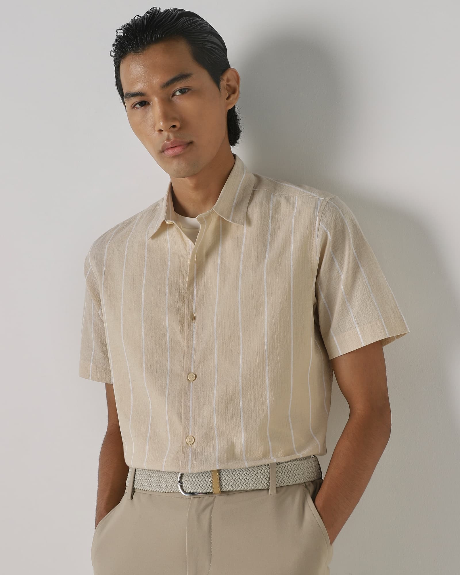 Beige Textured Stripe Slim Fit Casual Shirt Beige Textured Stripe Slim Fit Casual Shirt