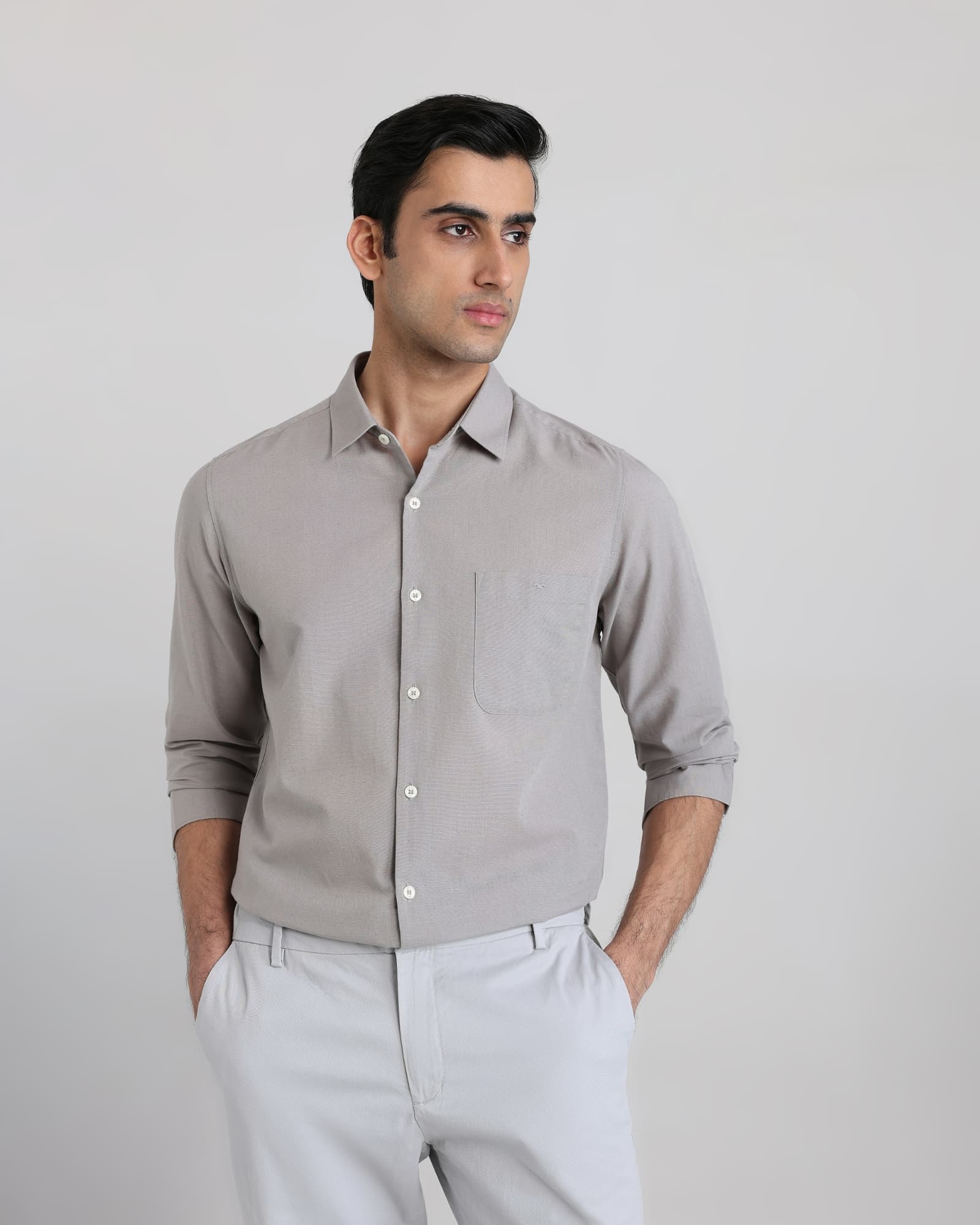 Light Grey Cotton Linen Plain Slim Fit Casual Shirt Light Grey Cotton Linen Plain Slim Fit Casual Shirt