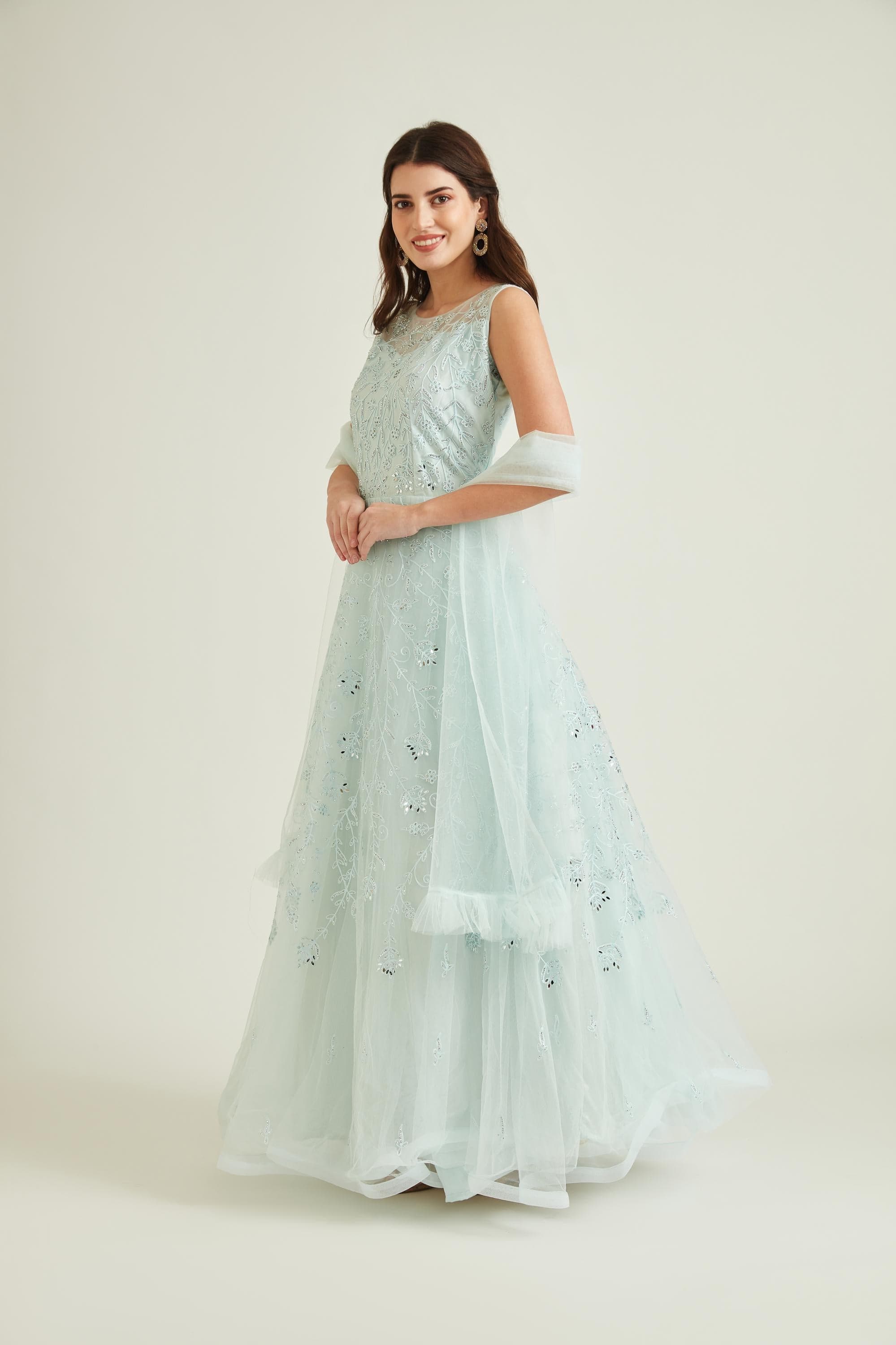 Neerus Sky Blue Colour Nett Fabric Gown Neerus Sky Blue Colour Nett Fabric Gown